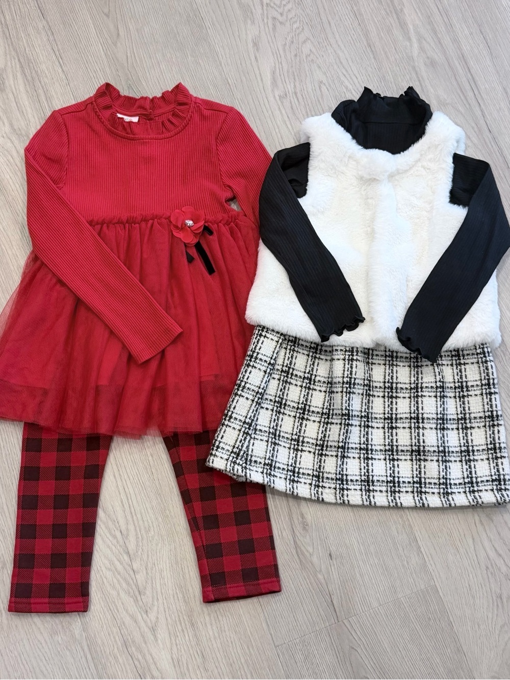 Lot of 2 - Red Tulle Dress w/ leggings & Plaid Skirt w/ Faux Fur Vest (size 5)